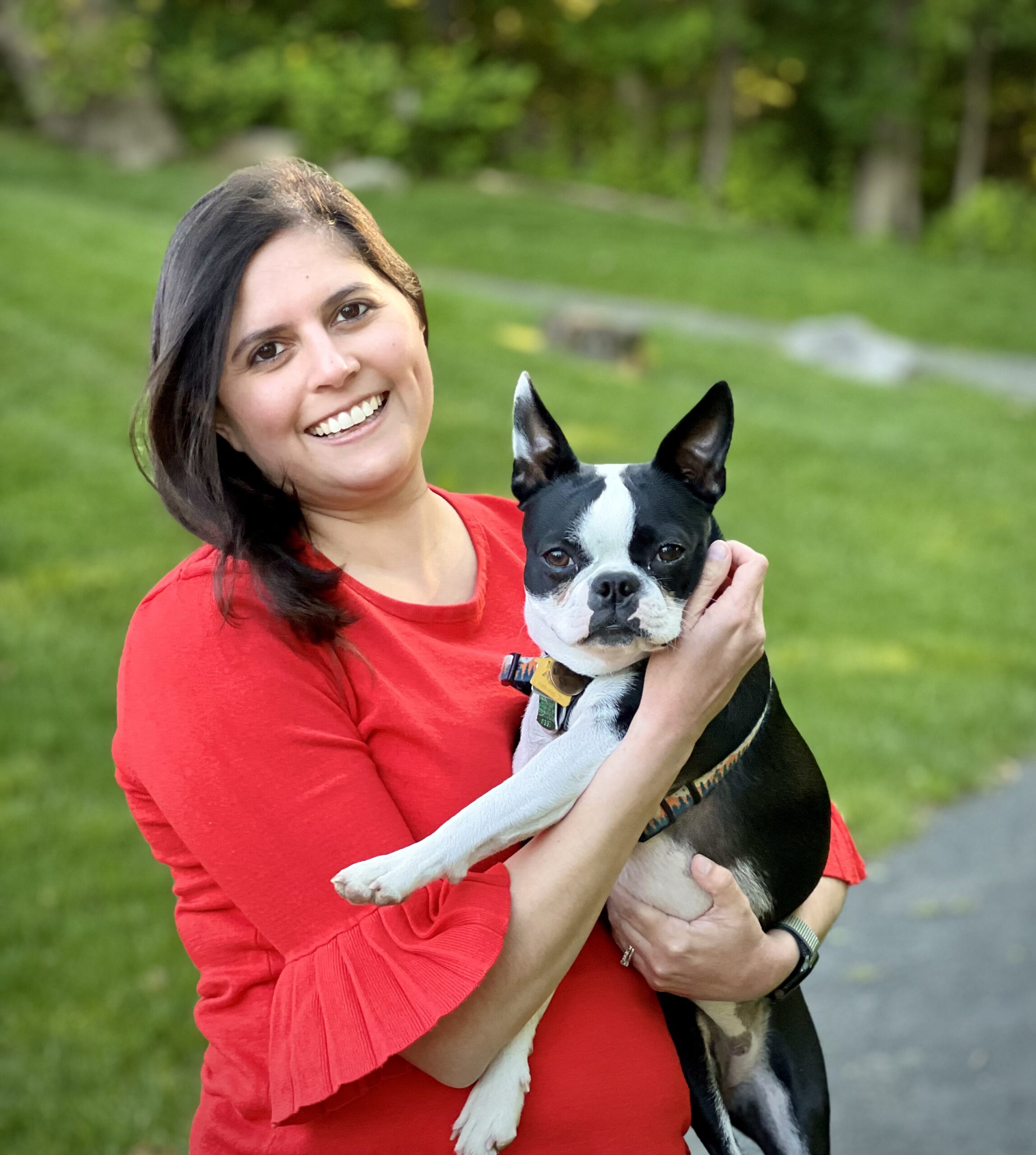 woman in pink top holding Boston Terrier dog